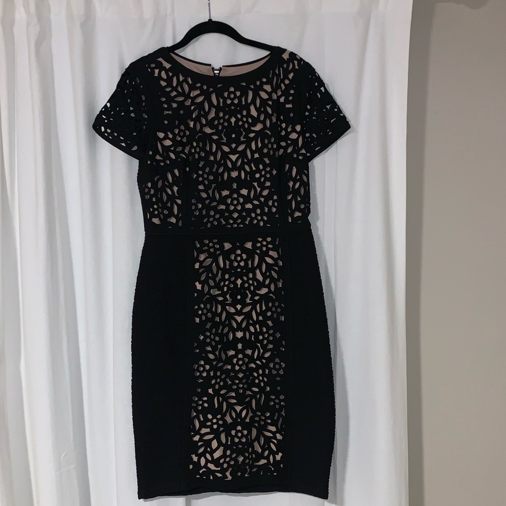 Maeve Black Floral Basalt Laser cut sheath dress
